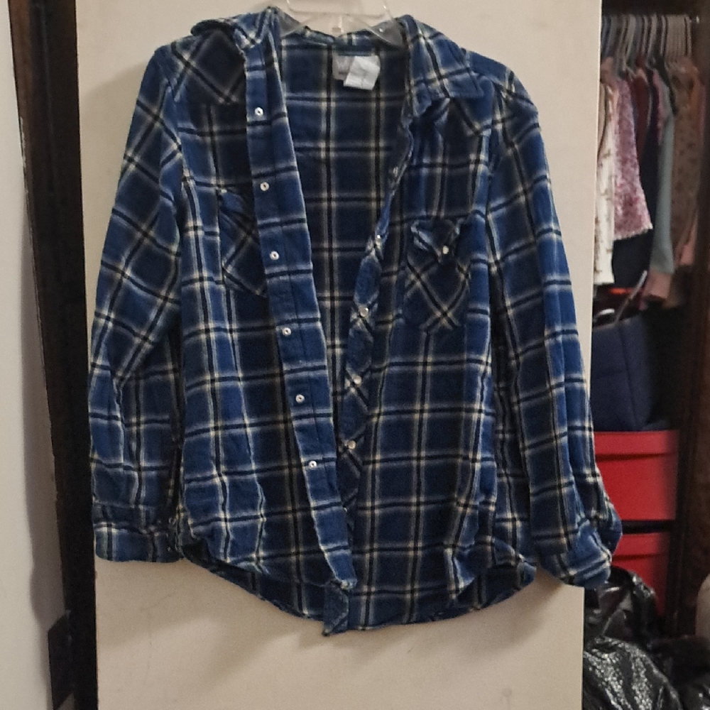 Wrangler Mens Blue Checked Flannel Snap Shirt Medium.